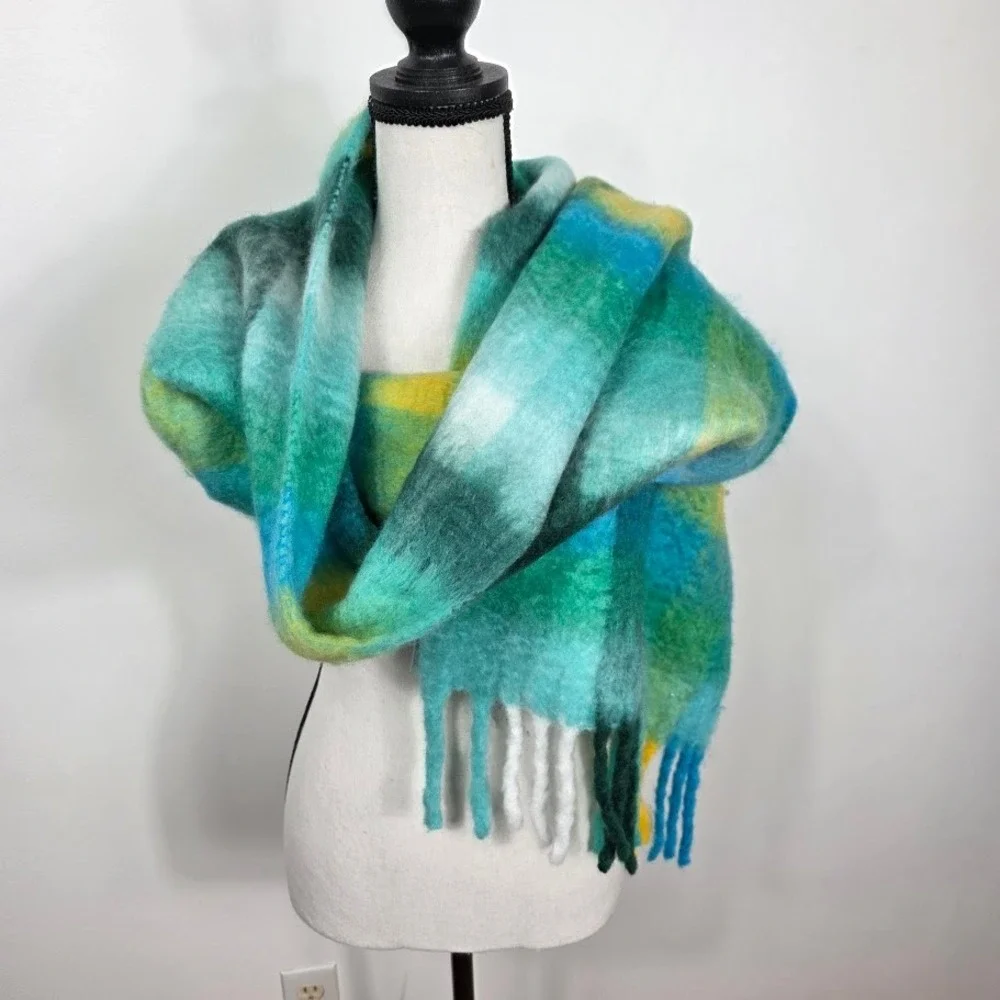 Talbots Plaid Fringe Scarf Women Teal Blue Yellow‎ Green Acrylic Nylon